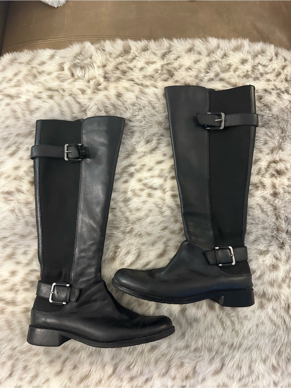 AEROSOLES Genuine Leather Black Over-the-Knee Buckle Boots